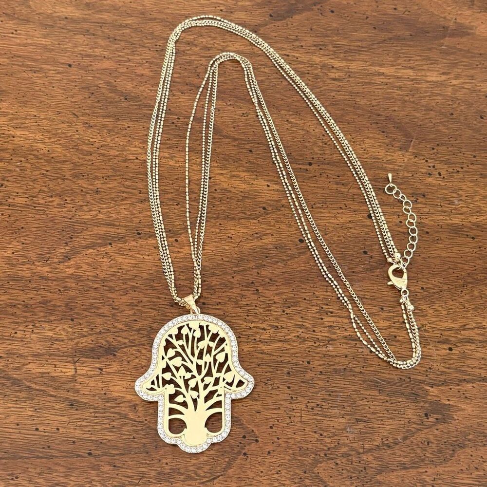 Tree of Life Hamsa Pendant Necklace | Gold Tone | 32” Length
